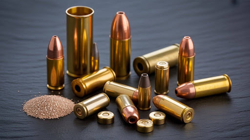 Reloading accessories for pistols in the USA including dies, shell holders, scales, and case preparation tools on a reloading bench