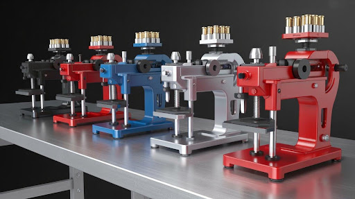 Top 5 Handgun Reloading Equipment in the USA Picks for Progressive Shooters featuring premium reloading press, dies, powder measure, brass cases, and handgun ammunition tools