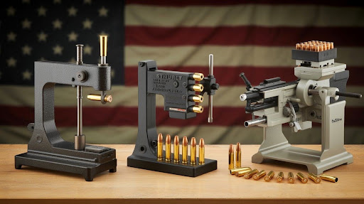 Progressive reloading press for high-volume shooters with precision ammunition reloading equipment in the USA