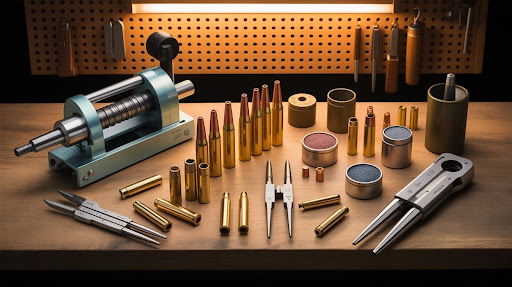 Bullet reloading supplies kit with reloading press, brass cases, bullets, dies, and reloading tools in the USA